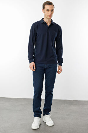 Erkek Polo Yaka Cepli Uzun Kollu Sweatshirt Lacivert