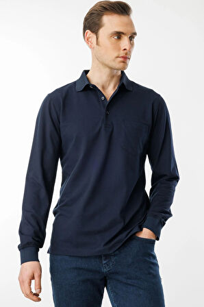 Erkek Polo Yaka Cepli Uzun Kollu Sweatshirt Lacivert