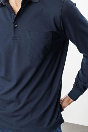Erkek Polo Yaka Cepli Uzun Kollu Sweatshirt Lacivert