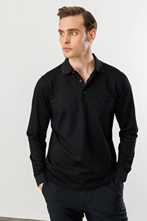 Erkek Polo Yaka Cepli Uzun Kollu Sweatshirt Siyah