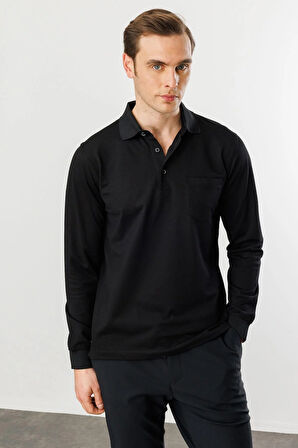 Erkek Polo Yaka Cepli Uzun Kollu Sweatshirt Siyah
