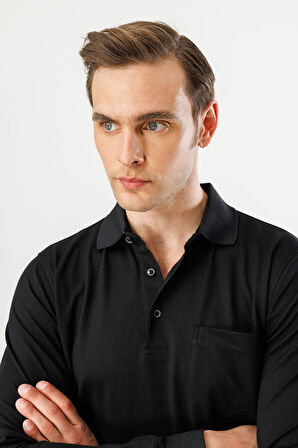 Erkek Polo Yaka Cepli Uzun Kollu Sweatshirt Siyah