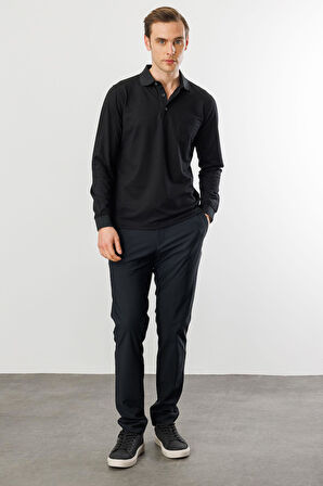 Erkek Polo Yaka Cepli Uzun Kollu Sweatshirt Siyah