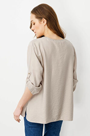 Kadın Sıfır Yaka Önü Nakışlı Bluz Bej