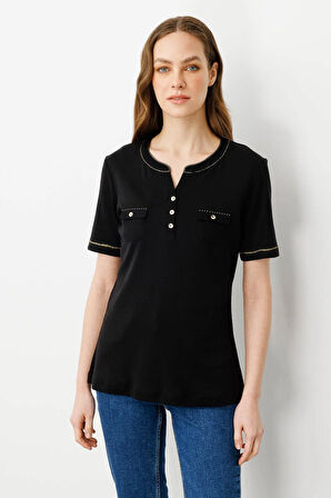 Kadın Açma Yaka Önü Cepli Pamuklu T-shirt Siyah