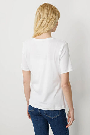 Kadın Açma Yaka Önü Cepli Pamuklu T-shirt Beyaz