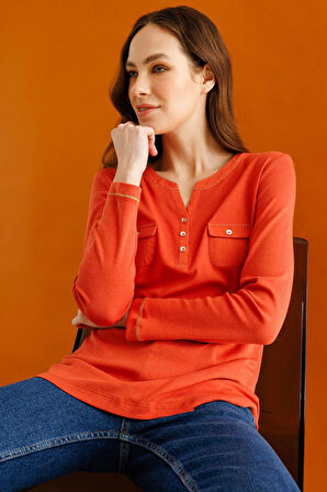 Kadın Açma Yaka Önü Cepli Pamuklu Bluz Kiremit