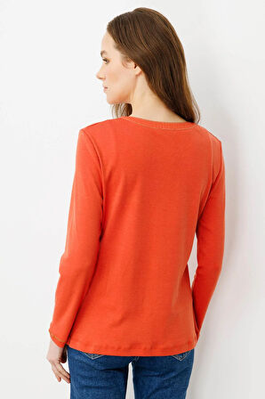 Kadın Açma Yaka Önü Cepli Pamuklu Bluz Kiremit