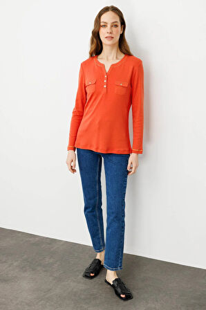 Kadın Açma Yaka Önü Cepli Pamuklu Bluz Kiremit