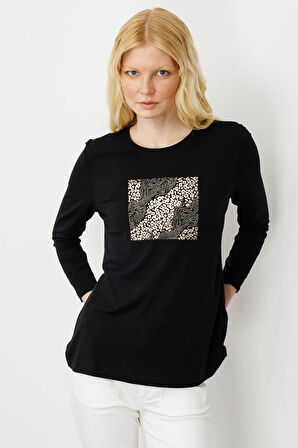 Kadın Sıfır Yaka Önü Taş Baskılı Penye Bluz Siyah