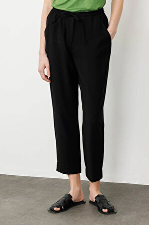 Kadın Beli Lastikli Keten Pantolon Siyah