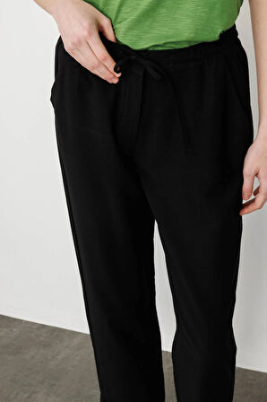 Kadın Beli Lastikli Keten Pantolon Siyah
