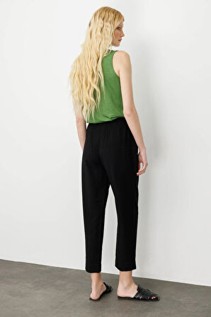 Kadın Beli Lastikli Keten Pantolon Siyah