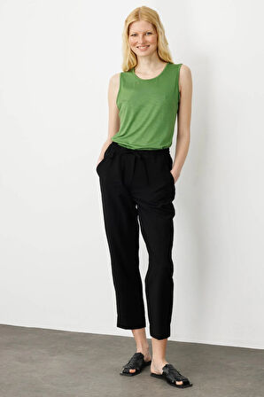 Kadın Beli Lastikli Keten Pantolon Siyah