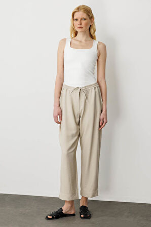 Kadın Beli Lastikli Keten Pantolon Bej