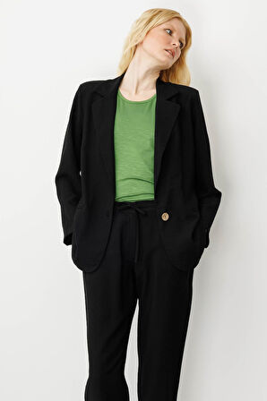 Kadın Tek Düğmeli Keten Ceket Siyah