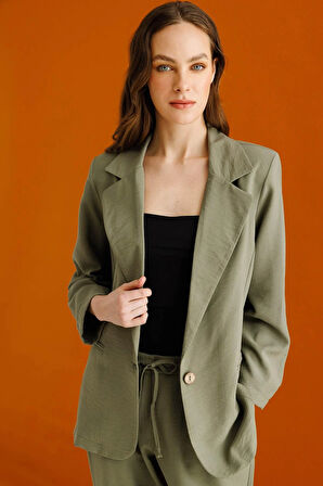 Kadın Tek Düğmeli Keten Ceket Haki