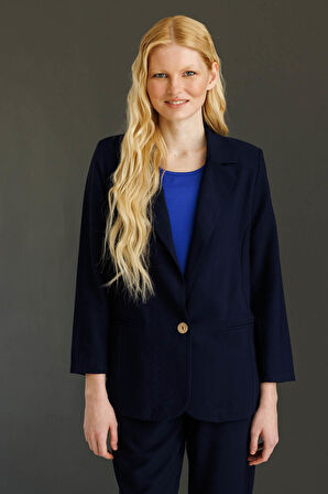 Kadın Tek Düğmeli Keten Ceket Lacivert