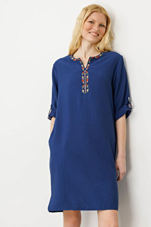 Kadın Etnik Desen Nakışlı Keten Elbise Lacivert