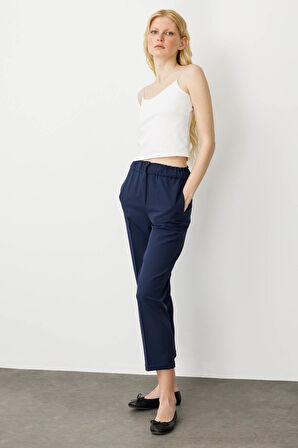 Kadın Kemeri Lastikli Yazlık Kumaş Pantolon Lacivert