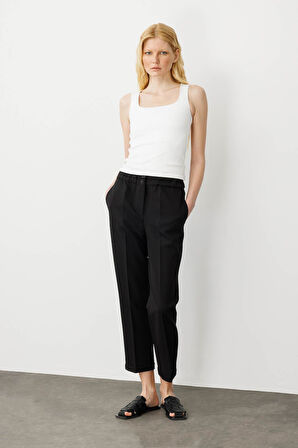 Kadın Kemeri Lastikli Yazlık Kumaş Pantolon Siyah