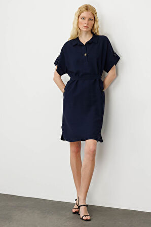 Kadın Gömlek Yaka Yakası ve Cebi Düğmeli Elbise Lacivert