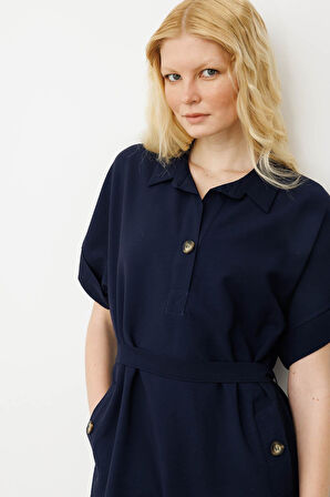 Kadın Gömlek Yaka Yakası ve Cebi Düğmeli Elbise Lacivert