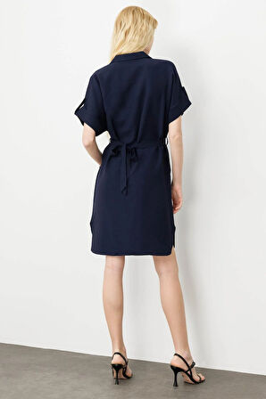 Kadın Gömlek Yaka Yakası ve Cebi Düğmeli Elbise Lacivert