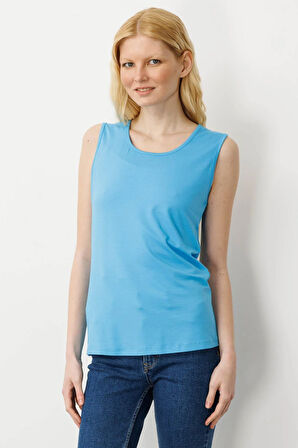 Kadın Askılı Penye T-shirt Mavi