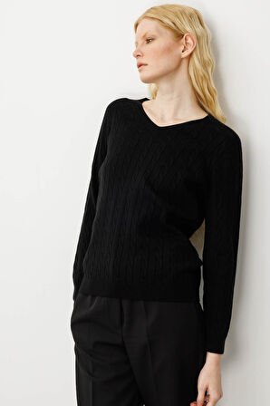 Kadın V Yaka Komple Saç Örgülü Kazak Siyah