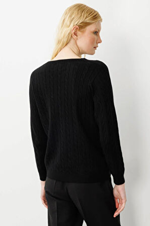 Kadın V Yaka Komple Saç Örgülü Kazak Siyah