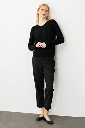 Kadın V Yaka Komple Saç Örgülü Kazak Siyah