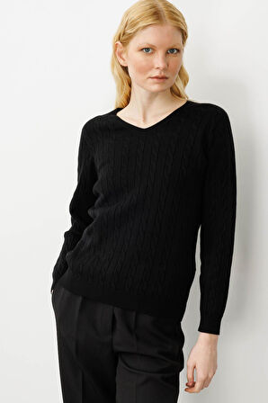 Kadın V Yaka Komple Saç Örgülü Kazak Siyah