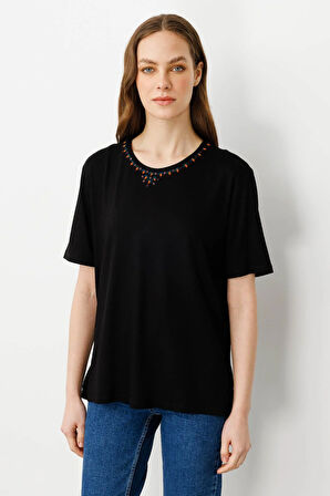 Kadın Sıfır Yaka Basic Penye T-shirt Siyah