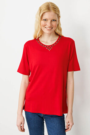 Kadın Sıfır Yaka Basic Penye T-shirt Kırmızı