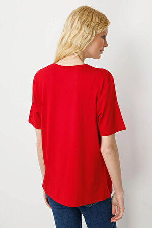 Kadın Sıfır Yaka Basic Penye T-shirt Kırmızı