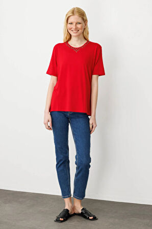 Kadın Sıfır Yaka Basic Penye T-shirt Kırmızı