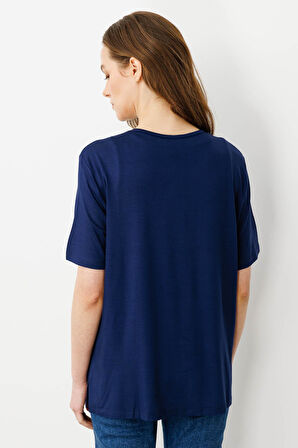 Kadın Sıfır Yaka Basic Penye T-shirt Lacivert