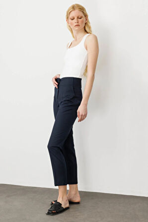 Kadın Kemer Yanı Lastikli Bilek Boy Yazlık Kumaş Pantolon Lacivert