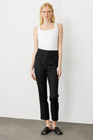 Kadın Kemer Yanı Lastikli Bilek Boy Yazlık Kumaş Pantolon Siyah