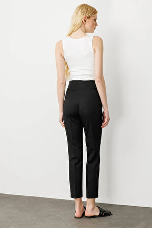 Kadın Kemer Yanı Lastikli Bilek Boy Yazlık Kumaş Pantolon Siyah