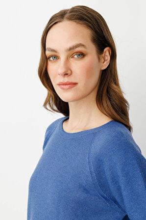 Kadın Sıfır Yaka Dikişsiz Kazak İndigo