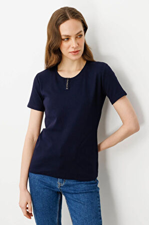 Kadın Yakası Düğmeli Pamuk Kaşkorse T-shirt Lacivert