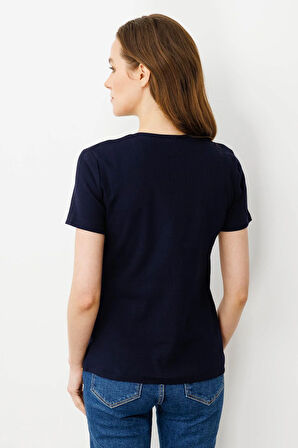 Kadın Yakası Düğmeli Pamuk Kaşkorse T-shirt Lacivert