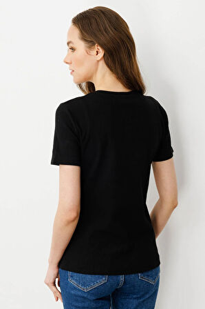 Kadın Yakası Düğmeli Pamuk Kaşkorse T-shirt Siyah