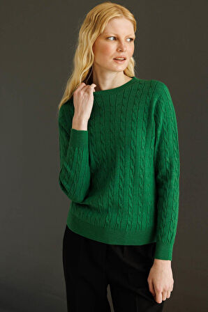 Kadın Sıfır Yaka Saç Örgülü Kazak K.Yosun