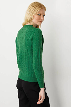 Kadın Sıfır Yaka Saç Örgülü Kazak K.Yosun