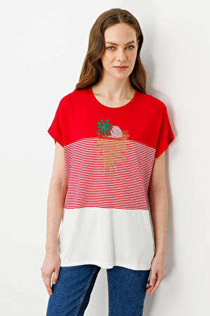 Kadın Sıfır Yaka Önü Taşlı Penye T-shirt Kırmızı