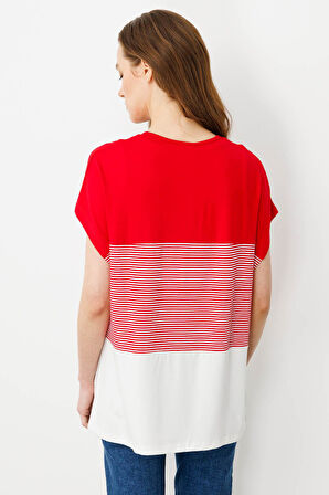 Kadın Sıfır Yaka Önü Taşlı Penye T-shirt Kırmızı
