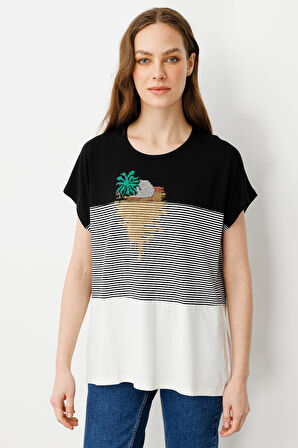 Kadın Sıfır Yaka Önü Taşlı Penye T-shirt Siyah